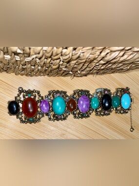 Rare vintage Selro Selini chunky panel link bracelet w/ cabochons & rhinestones.